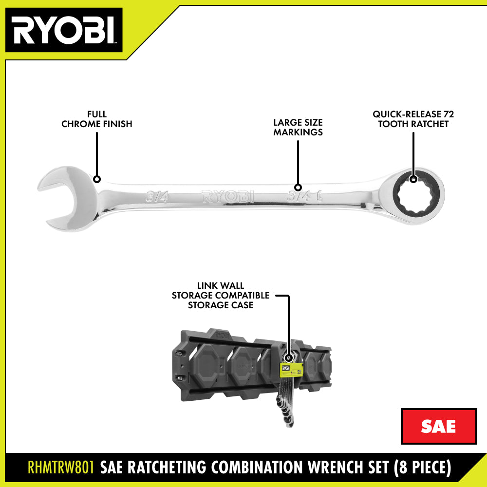 8 PC. SAE Ratcheting Combination Wrench Set